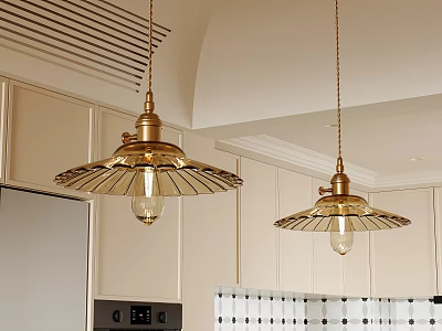 Gold Fan Shaped Pendant Lights In Modern Kitchen Interior With Light Cabinets 3d model