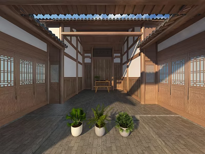 Traditional Chinese Courtyard Living Room With Wooden Doors And Potted Plants 3d model