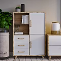Modern TV Stand with Yellow Blue Storage Compartments Drawers and Gold Wall Mirrors