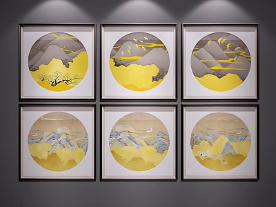 Six Circular Landscape Paintings with Yellow Gray Tones Mountains and Clouds in Square Frames 3d model