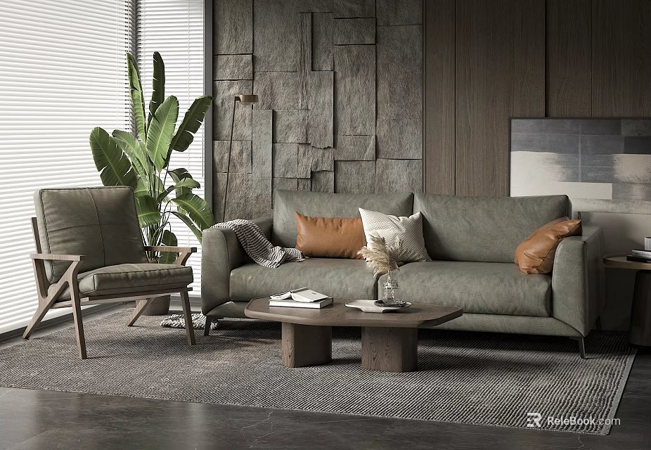 Modern Sofa Coffee Table Set With Accent Chair Pillows Green Plant And Wooden Wall 3d model 