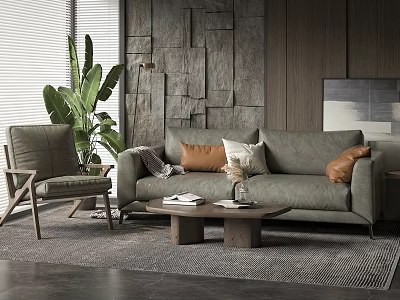 Modern Sofa Coffee Table Set With Accent Chair Pillows Green Plant And Wooden Wall 3d model
