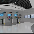 Modern Technology Exhibition Hall Featuring Blue Lighting Ceiling Central Display Column And Interactive Screens