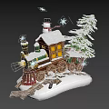 Cartoon Christmas Train Scene With Snowman Pine Tree And Snow Covered Roof