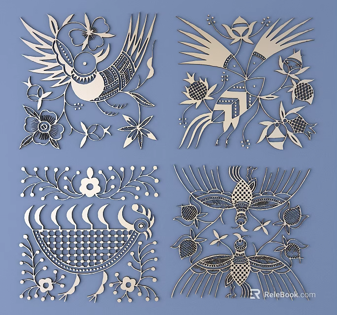Exquisite Intricate Decorative Carvings With Birds Flowers Leaves And Geometric Patterns 3d model 