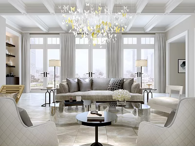 Elegant Modern Living Room With Luxury Chandelier Sofa Coffee Table And Floor To Ceiling Windows 3d model