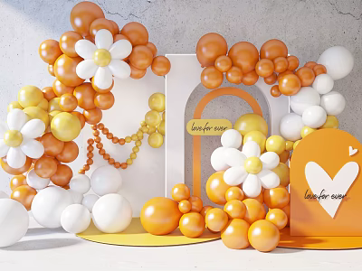 Romantic Party Decor With Orange White Yellow Balloons Flower Shapes And Heart Signs 3d model