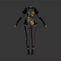 Woman Dressed In Steampunk Style Black Gold Corset With Leather Gloves Fitted Pants And Boots