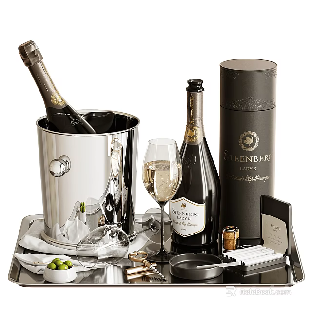 Elegant Wine Bottles And Glasses With Silver Ice Bucket And Sternberg Accessories On Tray 3d model 