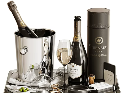 Elegant Wine Bottles And Glasses With Silver Ice Bucket And Sternberg Accessories On Tray 3d model