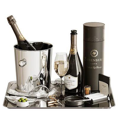 Elegant Wine Bottles And Glasses With Silver Ice Bucket And Sternberg Accessories On Tray 3d model