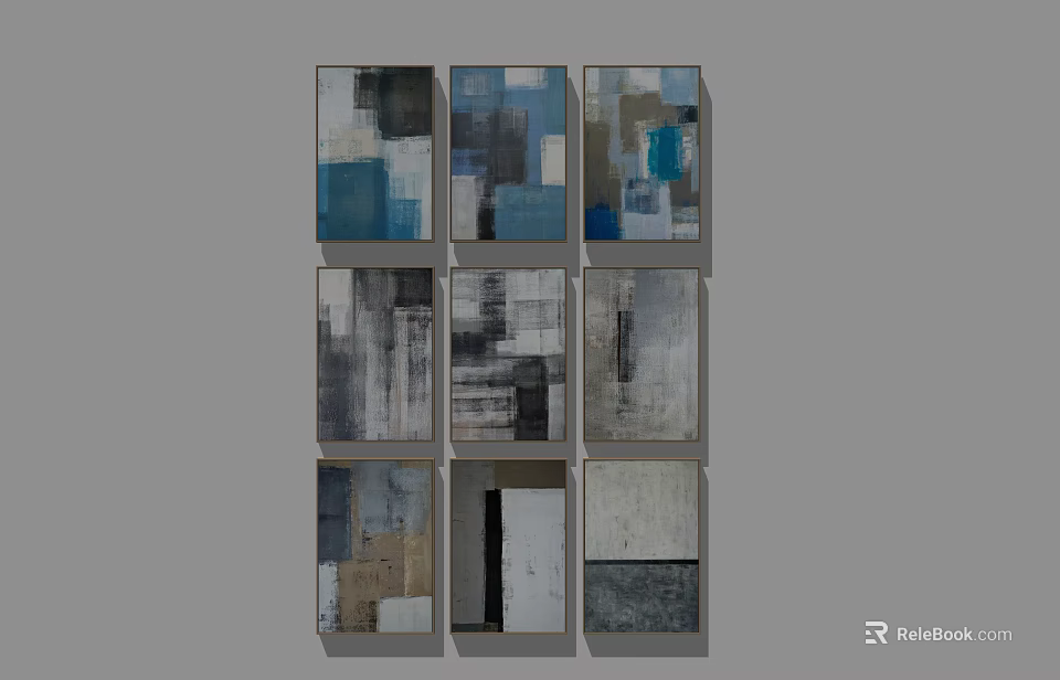 Abstract Paintings Nine Panel Wall Art With Geometric Patterns And Neutral Blue Gray Tones 3d model 