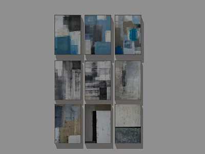 Abstract Paintings Nine Panel Wall Art With Geometric Patterns And Neutral Blue Gray Tones 3d model