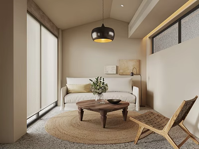 Modern Living Room Interior With Beige Sofa Wooden Coffee Table And Rattan Chair 3d model
