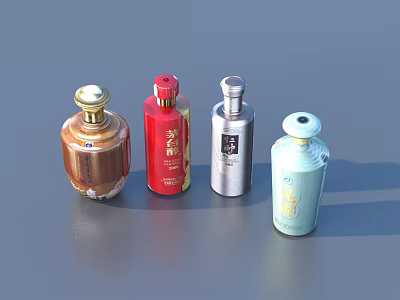 Four Colorful Wine Bottles With Golden Red Silver Light Blue Decorative Designs On Gray Surface 3d model