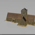 Traditional Stone Church Building With Red Roof Tower And Arched Windows