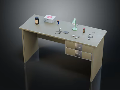 Light Wood Office Desk With Table Lamp Mobile Phone Stethoscope Medicine Bottle And Drawers 3d model