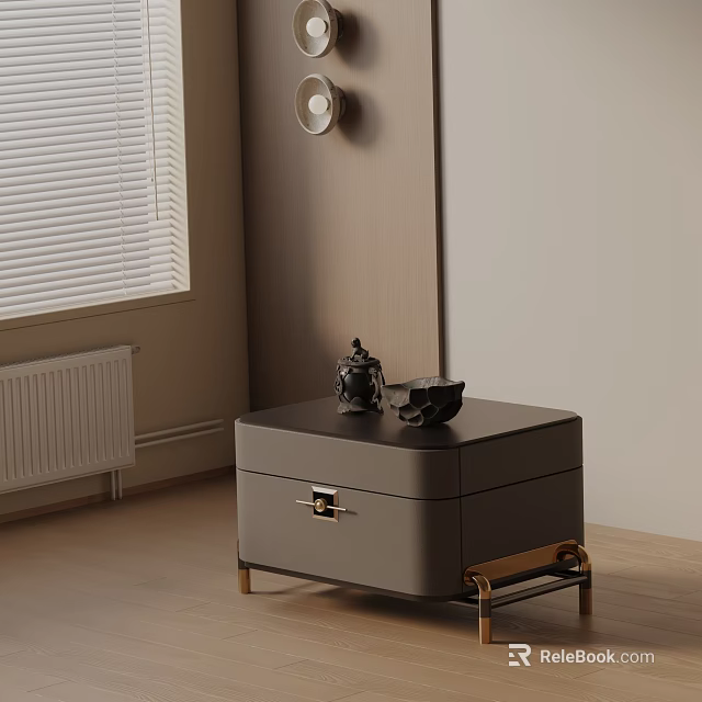 Modern Gray Bedside Table With Golden Legs And Tea Set In Bedroom Interior 3d model 