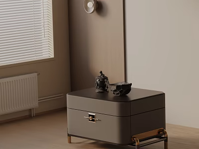 Modern Gray Bedside Table With Golden Legs And Tea Set In Bedroom Interior 3d model