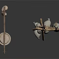 Handmade Wooden Storage Tools With Hanging Bags And Round Objects On Stands