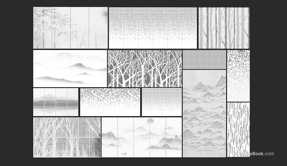 Black And White Decorative Patterns Featuring Bamboo Trees Mountains And Textured Designs 3d model