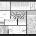 Black And White Decorative Patterns Featuring Bamboo Trees Mountains And Textured Designs 3d model