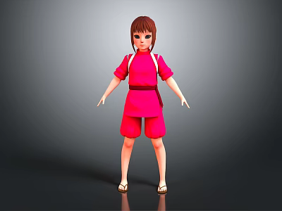 Anime Style Girl Character With Red Traditional Outfit And Short Hair Standing Pose 3d model