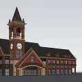 Elegant Red Brick Commercial Complex With Tower Spire And Classic Window Design 3d model