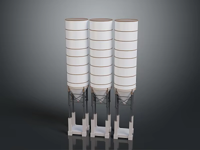 Three Tall White Multi Layered Industrial Storage Silos With Base Supports 3d model