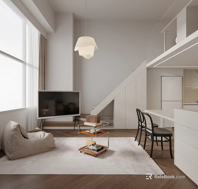 Modern Minimalist Apartment Interior With TV Cozy Seating and Pendant Light 3d model 