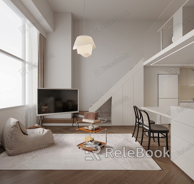 Modern Apartment Duplex Apartment Guest Restaurant Lounge Chair TV Bracket Bar Counter Middle Island Table Dining Table Stairs Living Room Duplex Single Apartment model