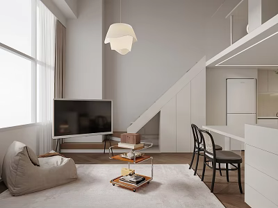Modern Minimalist Apartment Interior With TV Cozy Seating and Pendant Light 3d model