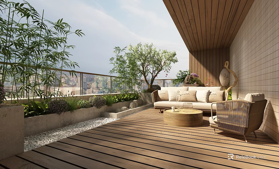Cozy Home Balcony Interior Design With Wooden Flooring Sofa And Green Plants 3d model 