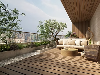 Cozy Home Balcony Interior Design With Wooden Flooring Sofa And Green Plants 3d model