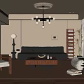 Modern Living Room With Beige Walls Chandelier Black Leather Sofa And Wooden Coffee Table