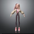Woman With Pink Hair Dressed In Beige Jacket Pink Top Dark Leggings And Pink Sneakers