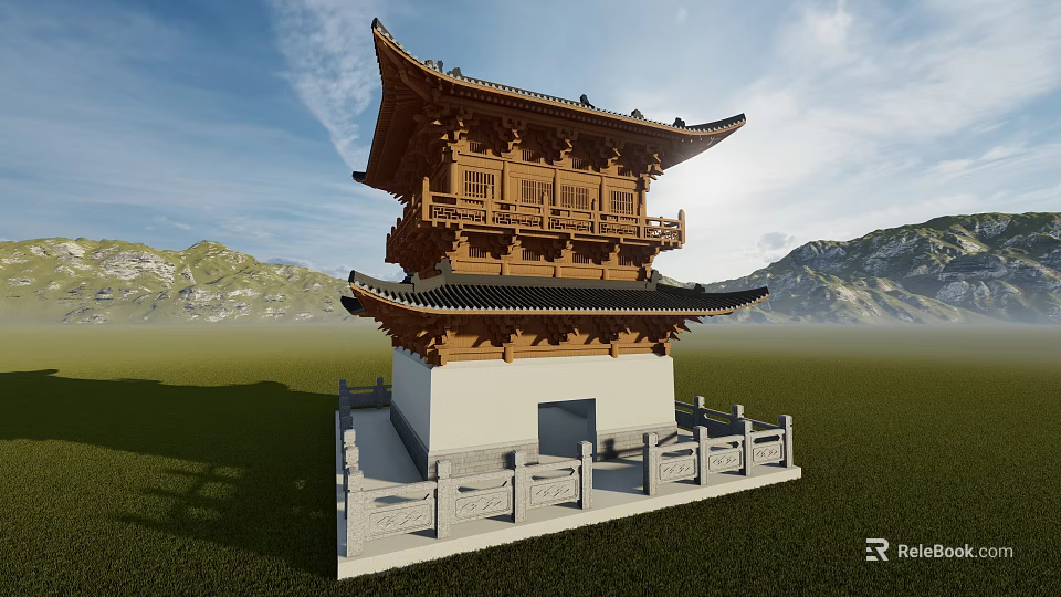 Ancient Traditional Architecture With Wooden Structure White Base Railing And Mountain Blue Sky View 3d model 