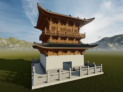 Ancient Traditional Architecture With Wooden Structure White Base Railing And Mountain Blue Sky View 3d model
