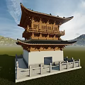 Ancient Traditional Architecture With Wooden Structure White Base Railing And Mountain Blue Sky View