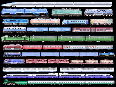 Collection of Various Colorful Train Models Including Modern High Speed and Traditional Styles Neatly Arranged 3d model