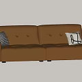 Modern Brown Three Seater Leather Sofa With Plaid Pillow And Patterned Cushion 3d model