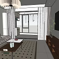 Modern Living and Dining Room Interior With Beige Sofa Wooden Cabinetry Decorative Paintings And Chandelier
