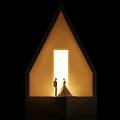 Elegant Modern Architectural Entrance With Illuminated Doorway Stone Steps And Figures