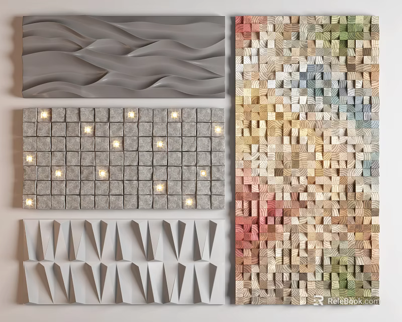 Modern Textured Wall Decor with Geometric Patterns Colorful Tiles and LED Lights 3d model 