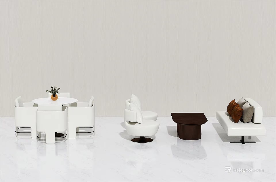 Modern White Table and Chair Set With Round Table and Comfortable Chairs 3d model