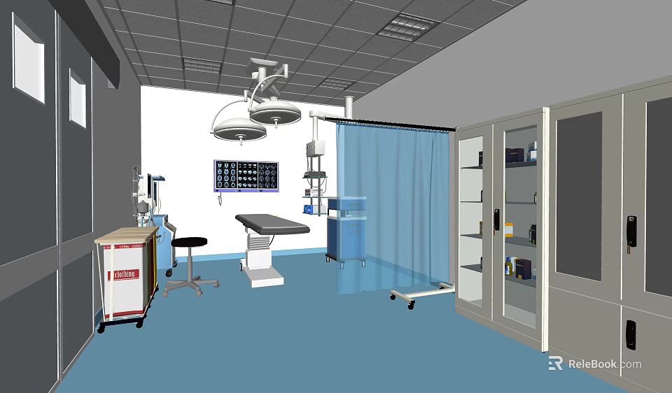 Modern Operating Room Interior With Surgical Table Lights Monitor And Cabinet 3d model 