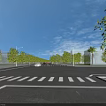 Municipal Road with Zebra Crossing Lined by Trees and Street Lamps Under Blue Sky