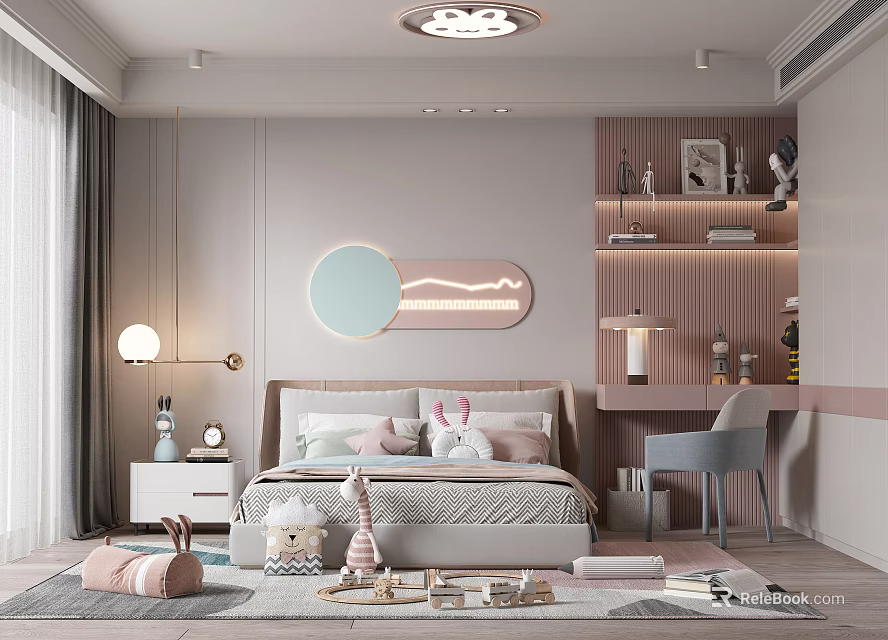 Cozy Kids Room Interior With Soft Tones Bed Stuffed Toys Study Desk And Bookshelf 3d model 