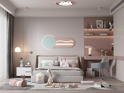 Cozy Kids Room Interior With Soft Tones Bed Stuffed Toys Study Desk And Bookshelf 3d model