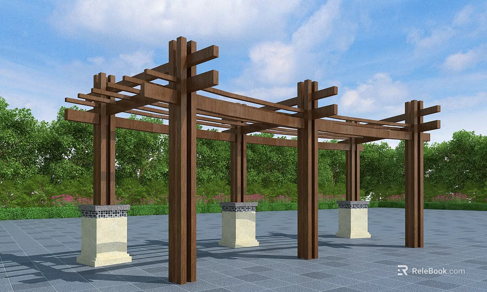 Outdoor Wooden Pergola with Pillars Light Bases Green Trees and Blue Sky 3d model 